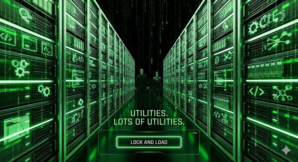 A digital scene of two people walking between rows of server racks with glowing green technology icons, with text 'Utilities. Lots of utilities.' and a ‘Lock and Load’ button.
