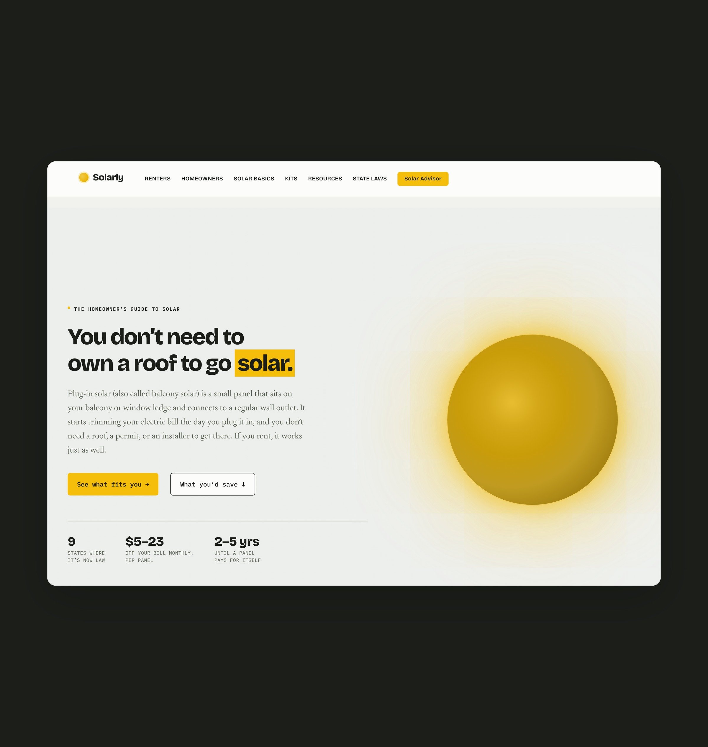 Solarly homepage, a guide to plug-in solar for renters and homeowners
