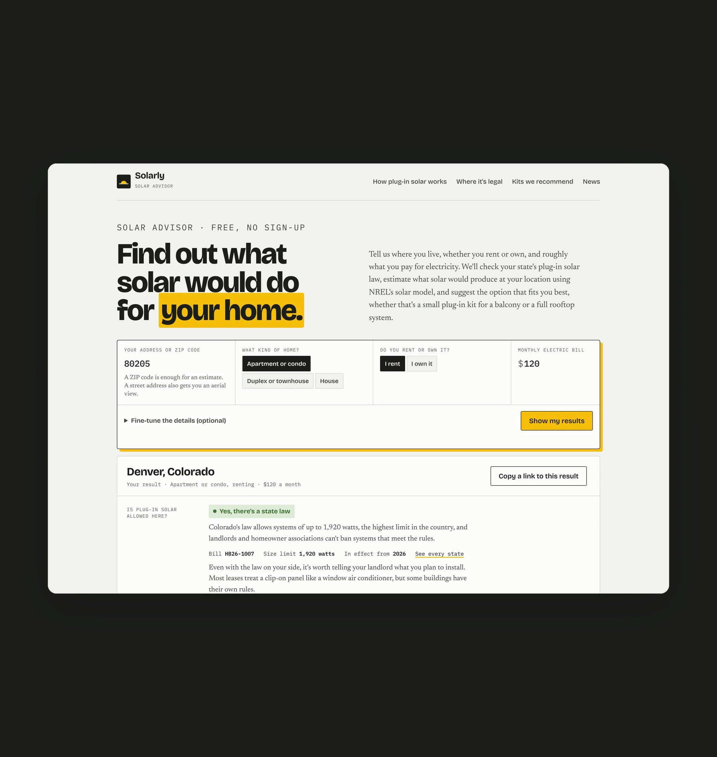 The Solarly Solar Advisor showing a result for a renter in Denver, Colorado