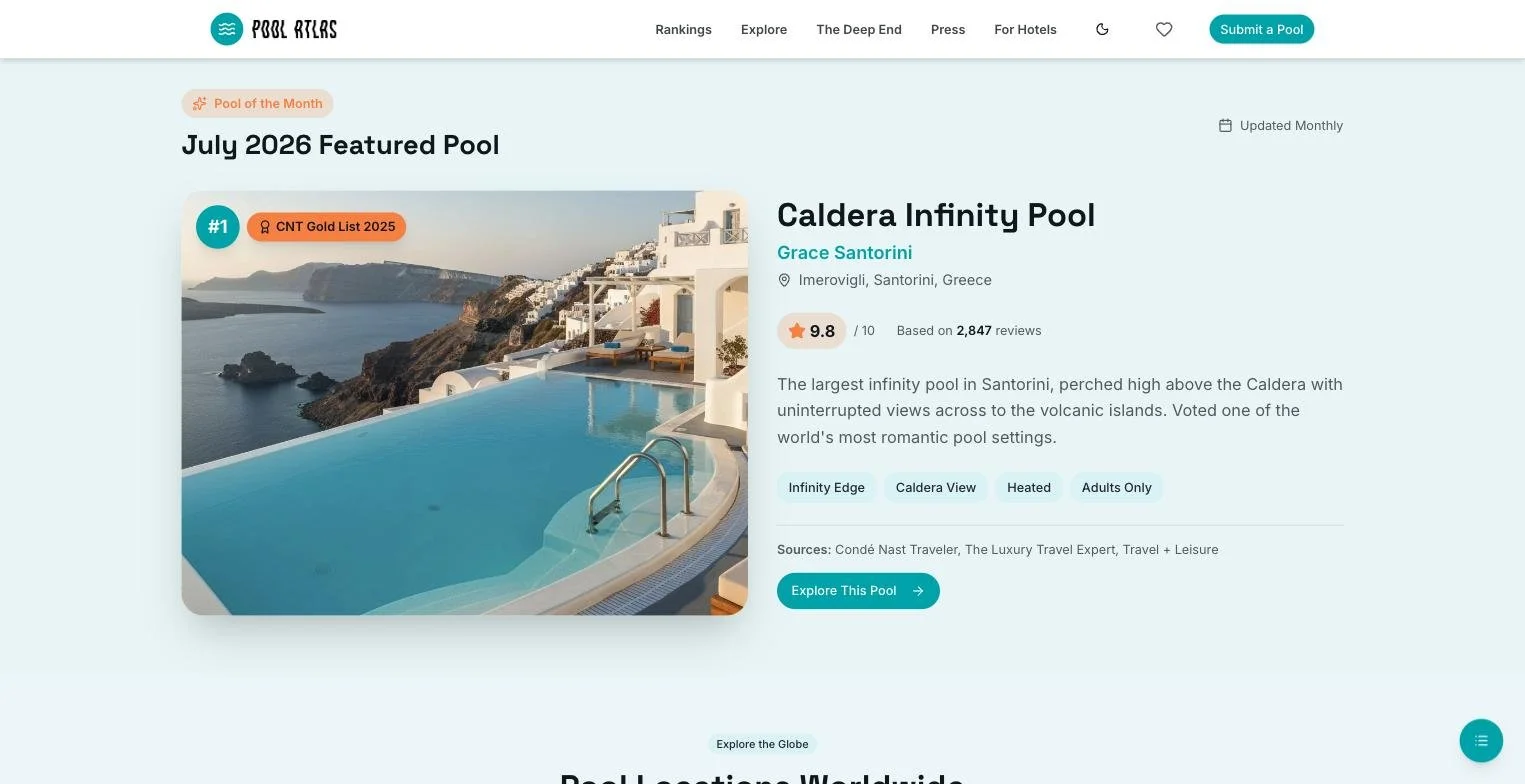 The Pool Atlas website, led by a hero photo of a clifftop infinity pool above the sea.