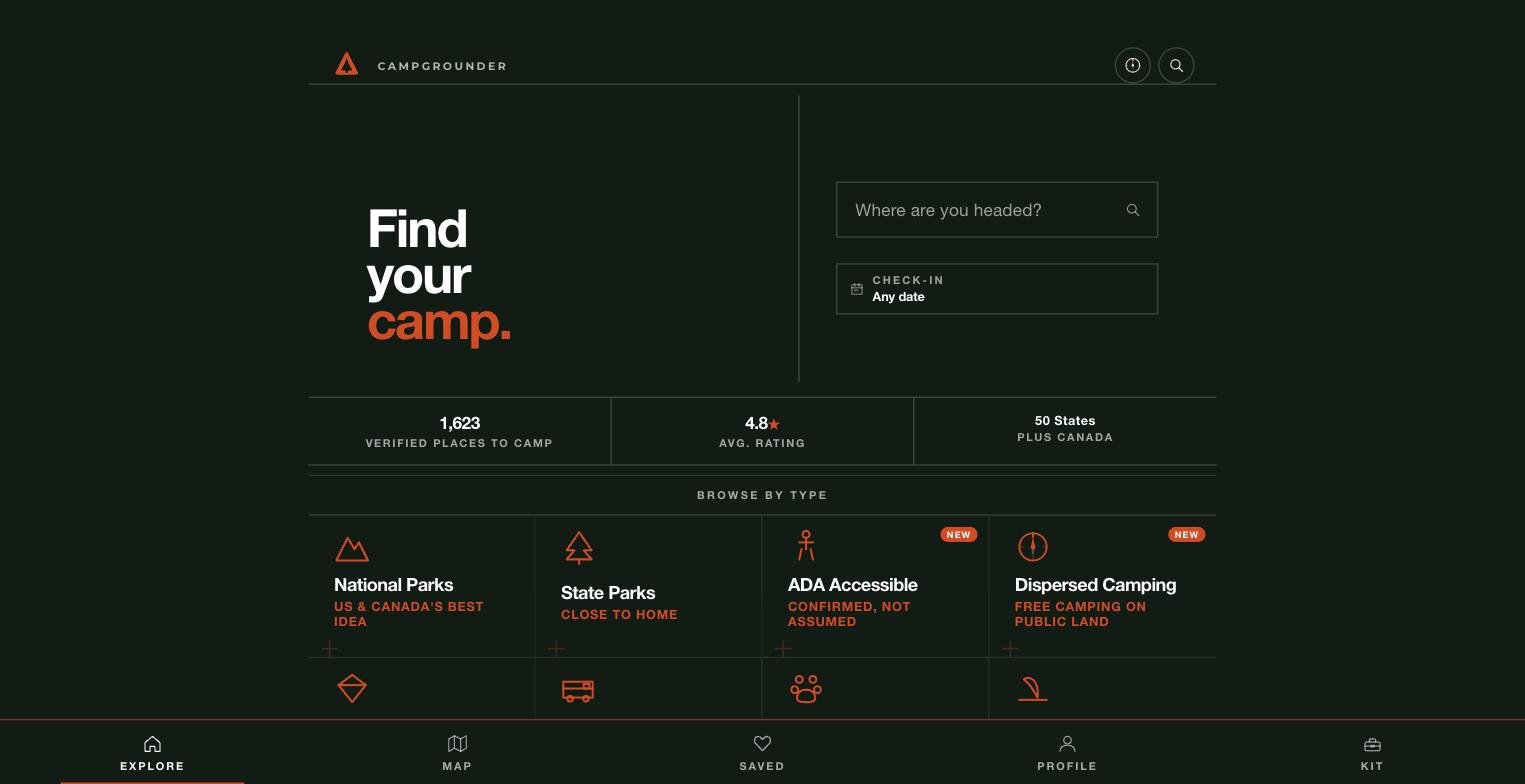 The Campgrounder home screen: search by location and dates, with categories for national parks, state parks, ADA accessible sites, and dispersed camping.
