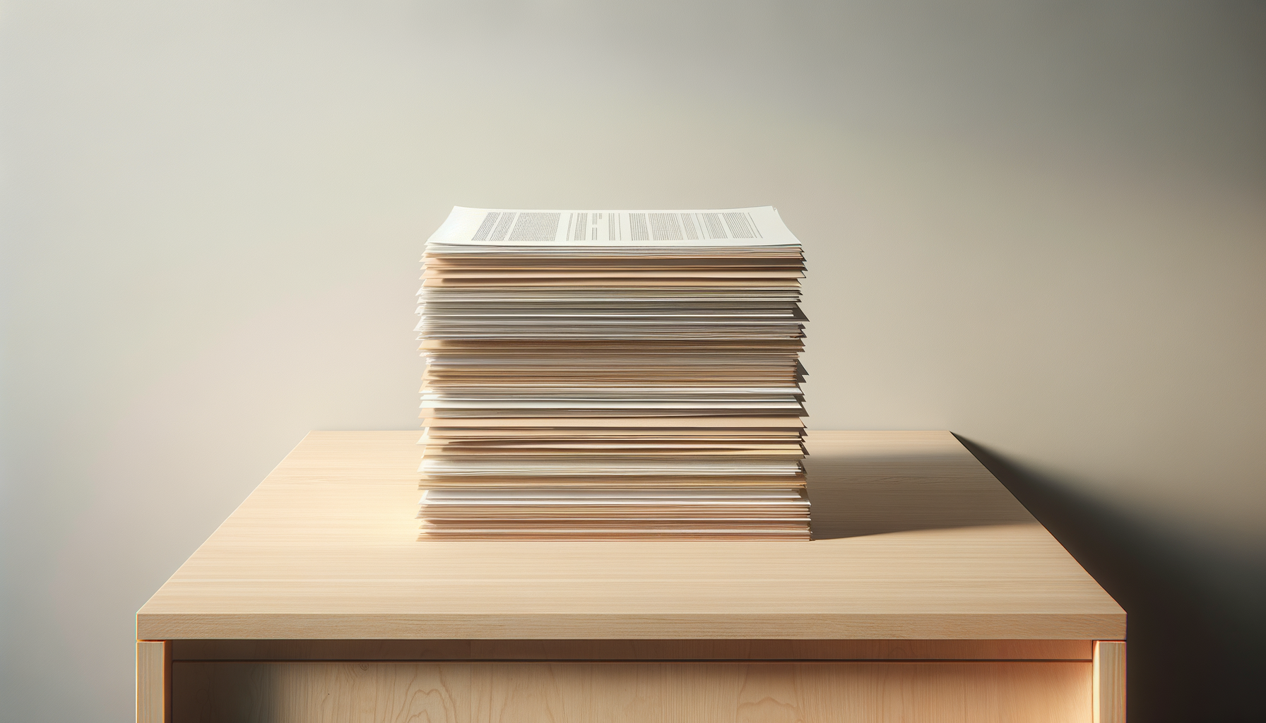 A large stack of papers sits on a wooden desk, with a plain wall in the background.