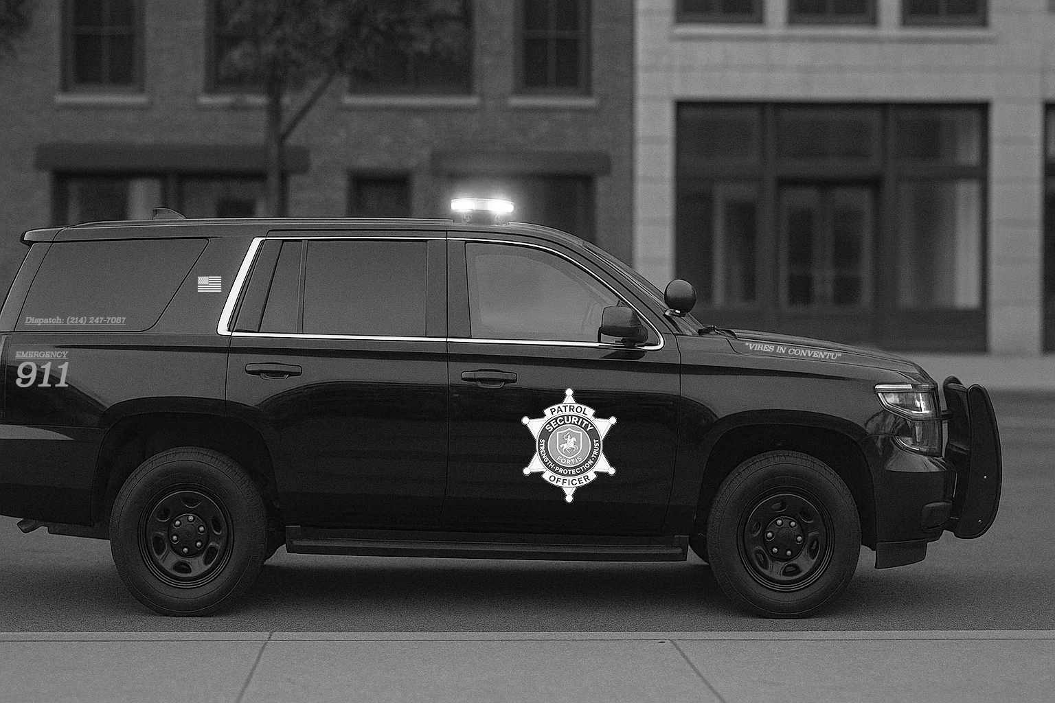 A black police patrol vehicle parked on a street with a building and tree in the background. The car displays the words 'Patrol Security Officer' and has a badge emblem on the door, with emergency number 911 and a decal indicating compliance with 'Vires in Conuentu'.