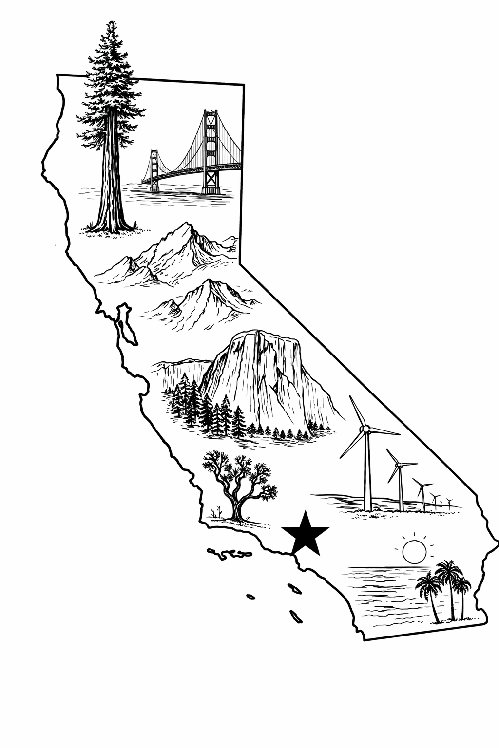 Black and white illustration of California with various landmarks: a large tree, the Golden Gate Bridge, mountain ranges, Yosemite Valley, a leafless tree, wind turbines, the ocean with palm trees, and a star indicating a location.