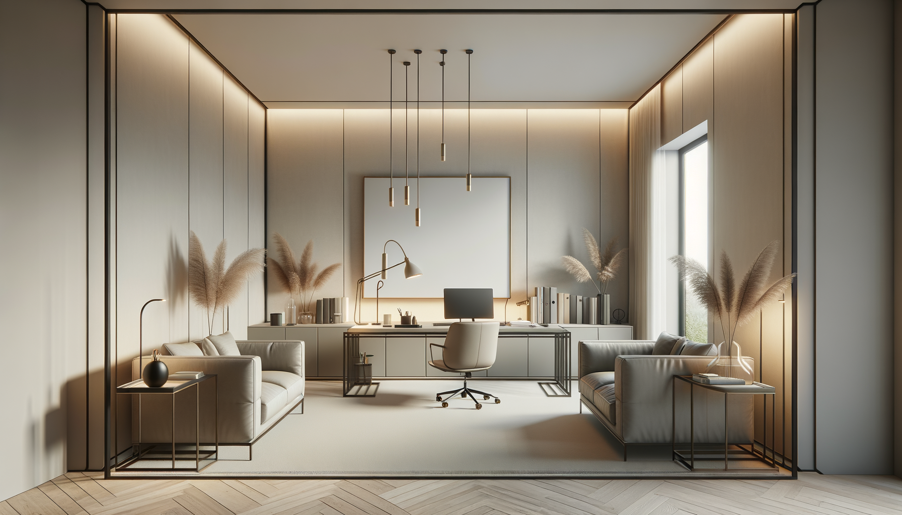 Modern minimalistic office with two sofas, glass side tables, a desk with a chair, floor and table lamps, and decorative pampas grass in vases, illuminated by natural light from a large window.