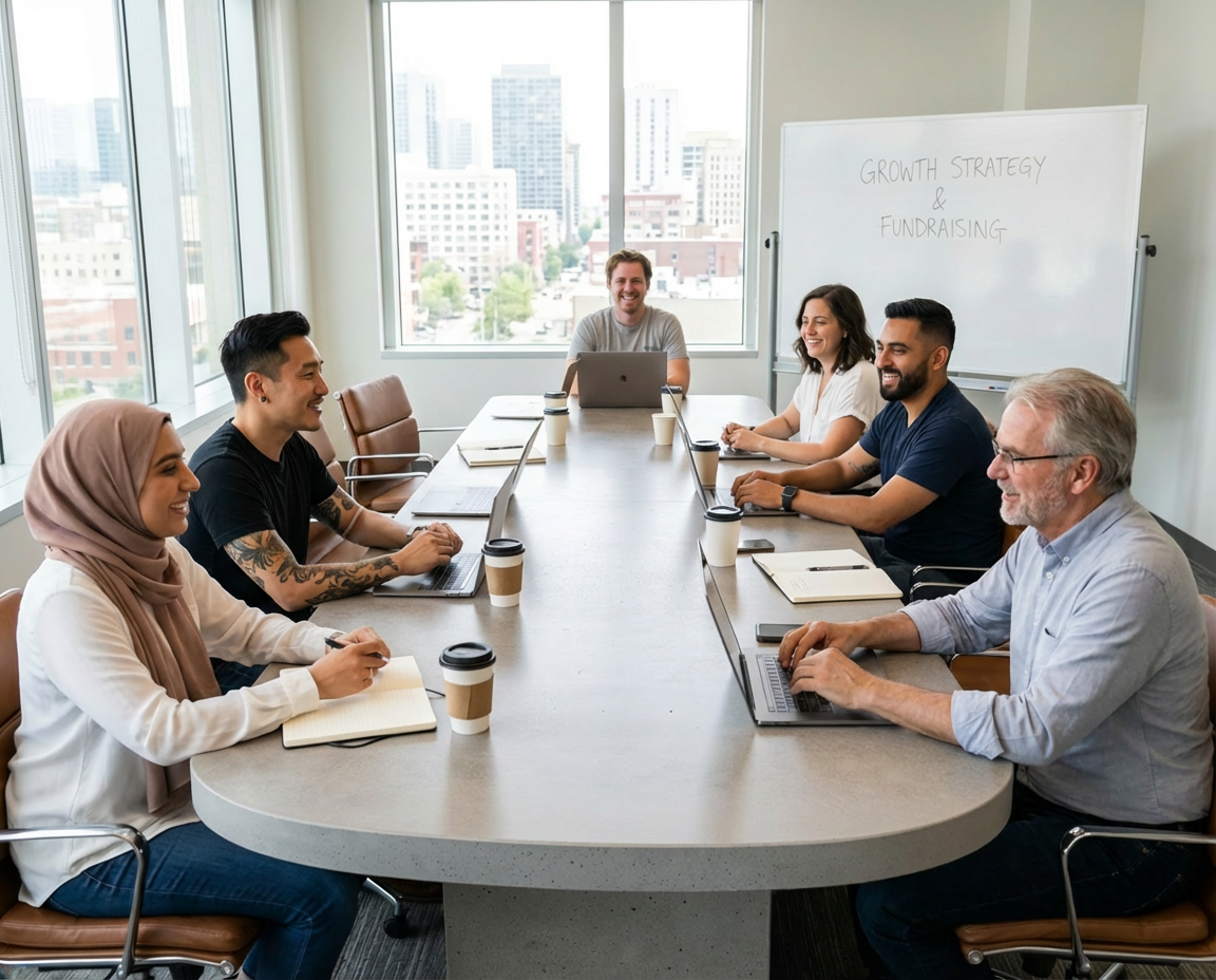 A diverse group of seven people sitting around a conference table during a meeting, with a whiteboard that says 'Growth Strategy & Fundraising' and city buildings visible outside the windows.