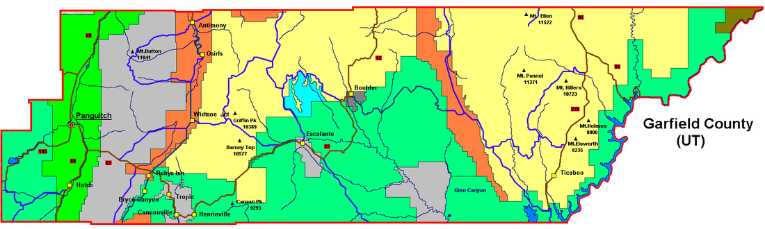 Color-coded map of Garfield County Utah with towns, mountains, lakes, and highways. Includes labels such as Panquitch, Escalante, and Glen Canyon.