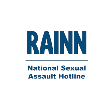 Logo for RAINN, the National Sexual Assault Hotline, in blue text on a white background.