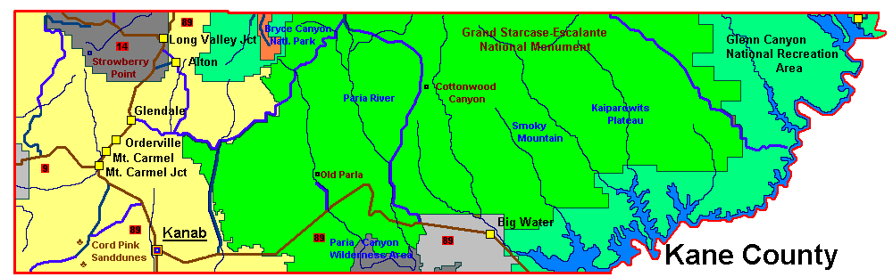A detailed map of Kane County Utah including Grand Staircase-Escalante National Monument in southern Utah, showing various landmarks, natural features, and recreational areas in green and blue, with border outlines and roads marked.