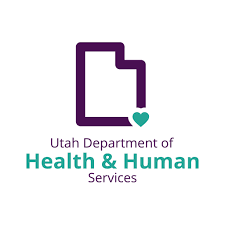 Utah Department of Health & Human Services logo with purple outline of a document and a teal heart.