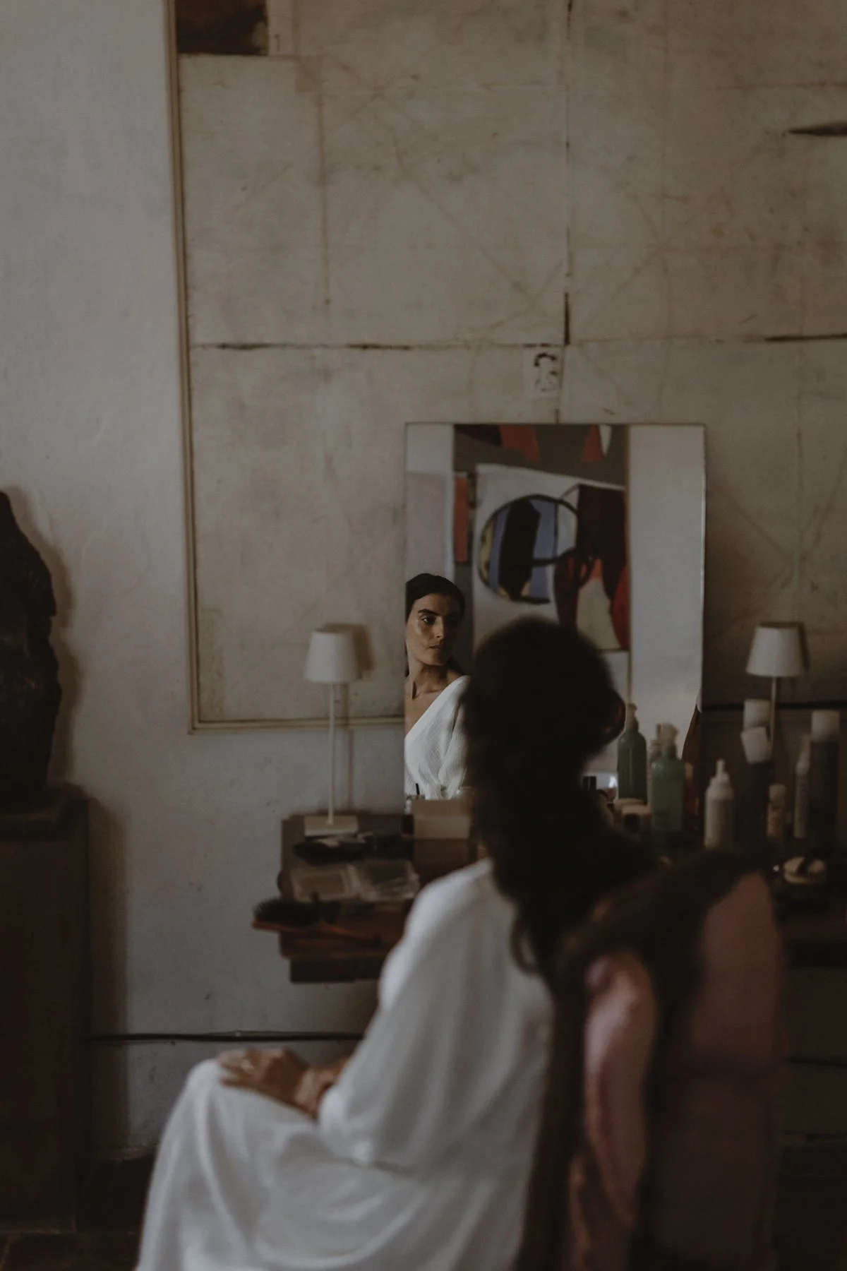 Cinematic bridal portrait during getting ready in Algarve