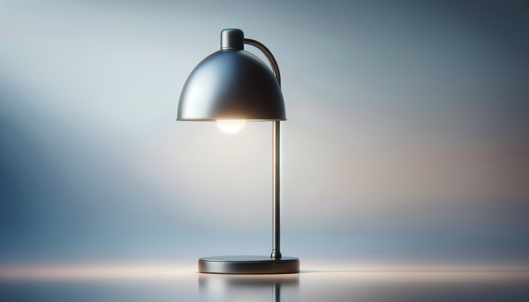 Modern black desk lamp with a round base, a vertical stem, and a large domed shade, turned on and emitting light, set against a gradient background.