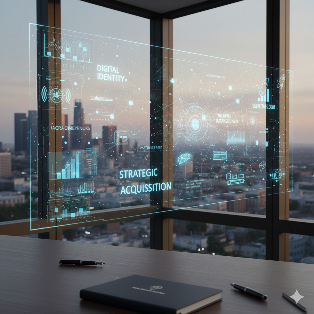 A modern office with a glass window showing a cityscape at sunset. Superimposed on the image is a digital hologram displaying data, graphs, and icons related to digital identity and strategic acquisition.