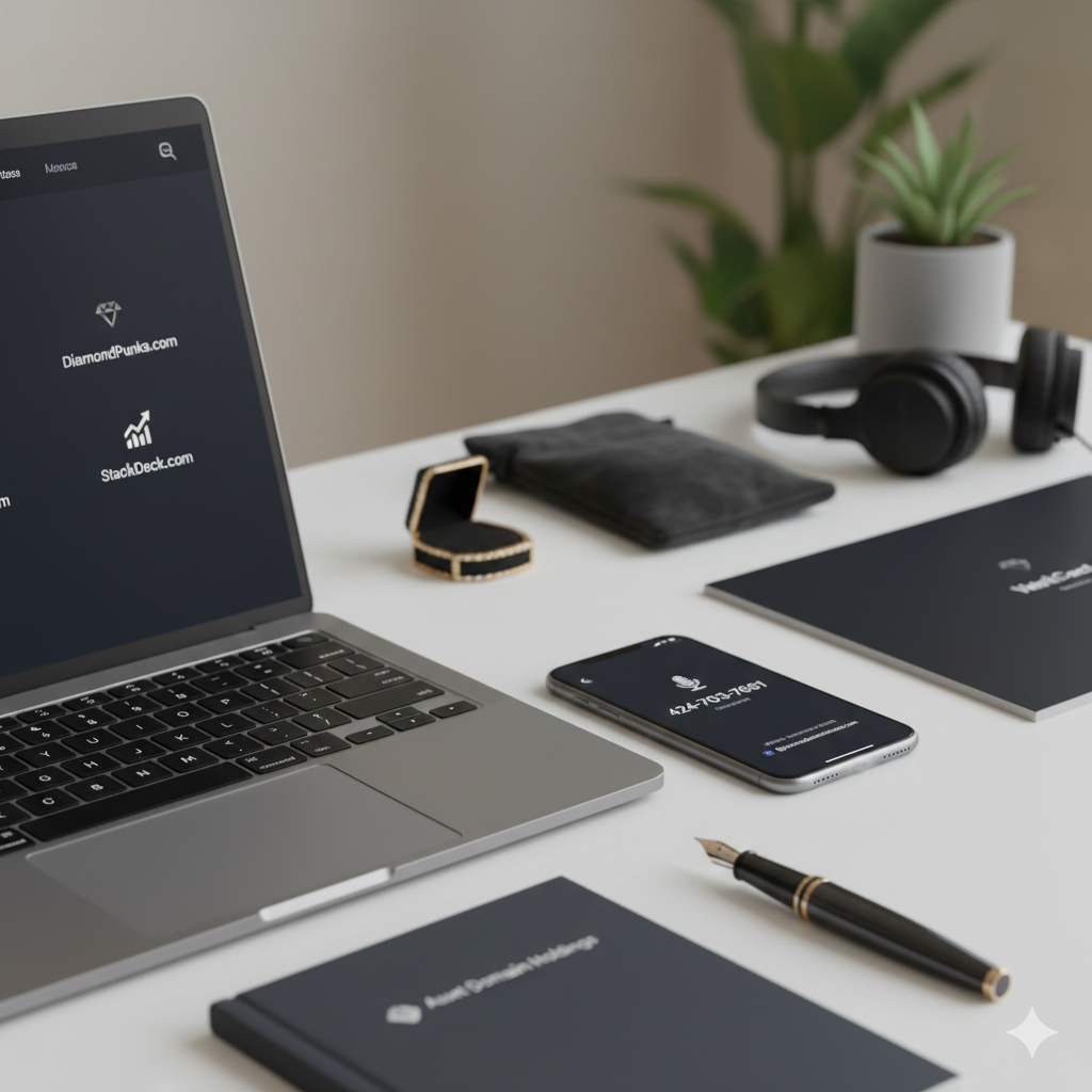 Modern workspace with a laptop, smartphone, headphones, writing pen, notebook, a black wallet, and potted plant on a white desk.