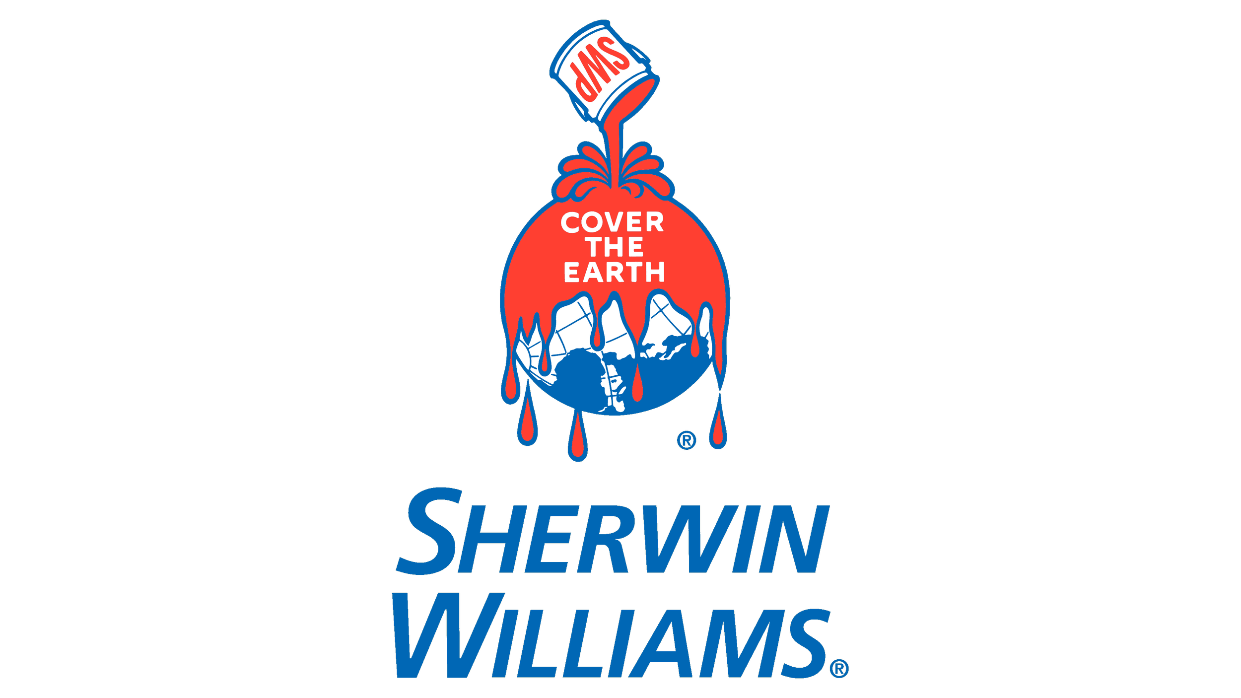 Sherwin Williams logo with a red and blue paint can pouring paint over a red circle, with mountains and dripping paint, and the text 'Cover the Earth' inside the circle. Below the logo, the text 'SHERWIN WILLIAMS' is written in blue.