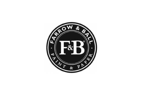 Logo for Farrow & Ball paint and paper, featuring black and white design with 'F&B' in the center surrounded by the text.