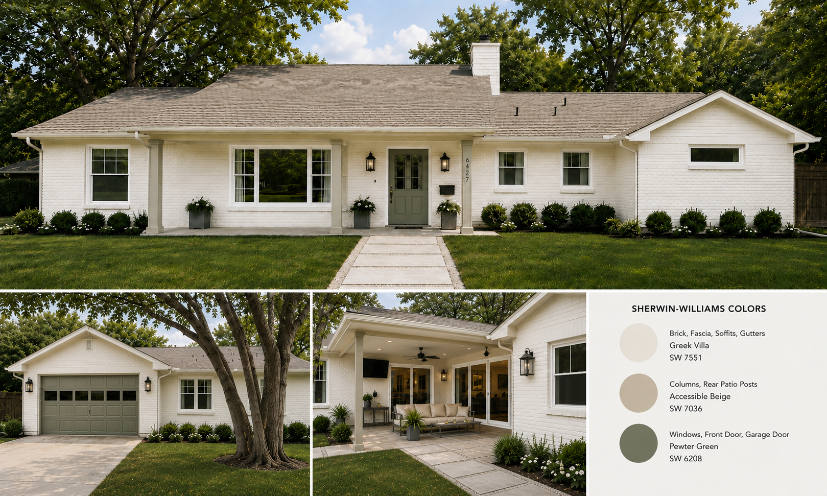 A white brick house with a gray front door, large front windows, a two-car garage, a covered patio with outdoor furniture, and landscaped yard with plants and trees.