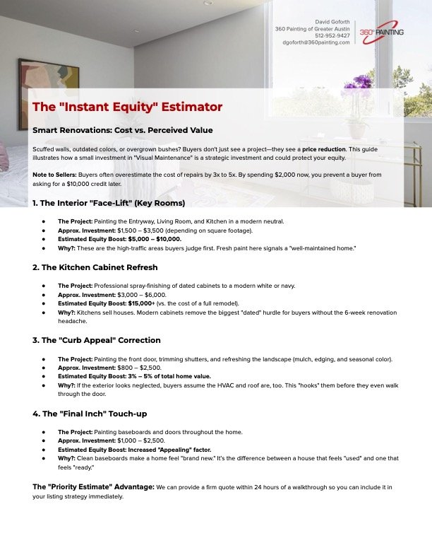 A presentation slide titled 'The Instant Equity Estimator' with sections on smart renovations, interior upgrades, kitchen cabinets, curb appeal, and a touch-up, outlining investment costs, estimated equity boosts, and reasons for each upgrade.