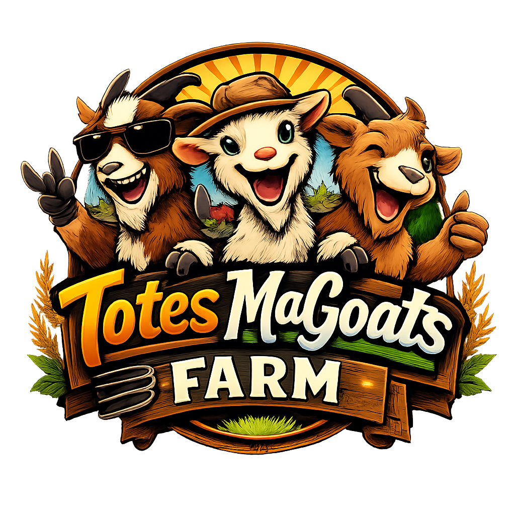 Colorful cartoon logo for Totes MaGoats Farm featuring three cheerful goats, one wearing sunglasses, one with a hat, and one giving a thumbs-up, with a bright sun in the background.