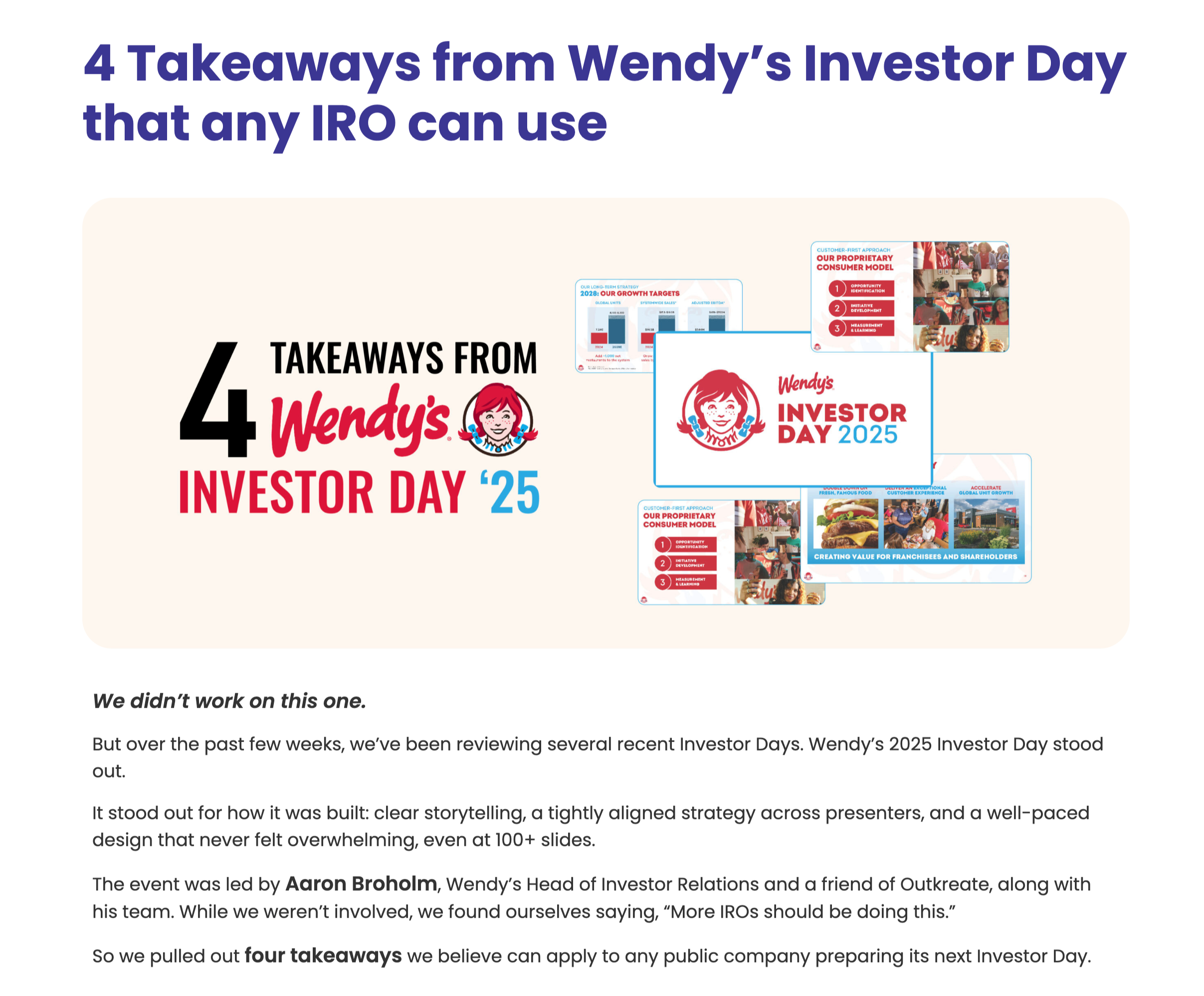 Screenshot of a presentation slide titled "4 Takeaways from Wendy's Investor Day that any IRO can use." The slide contains several smaller images of slides, Wendy's logo, and some text highlighting four key takeaways, with a note at the bottom stating "We didn't work on this one."