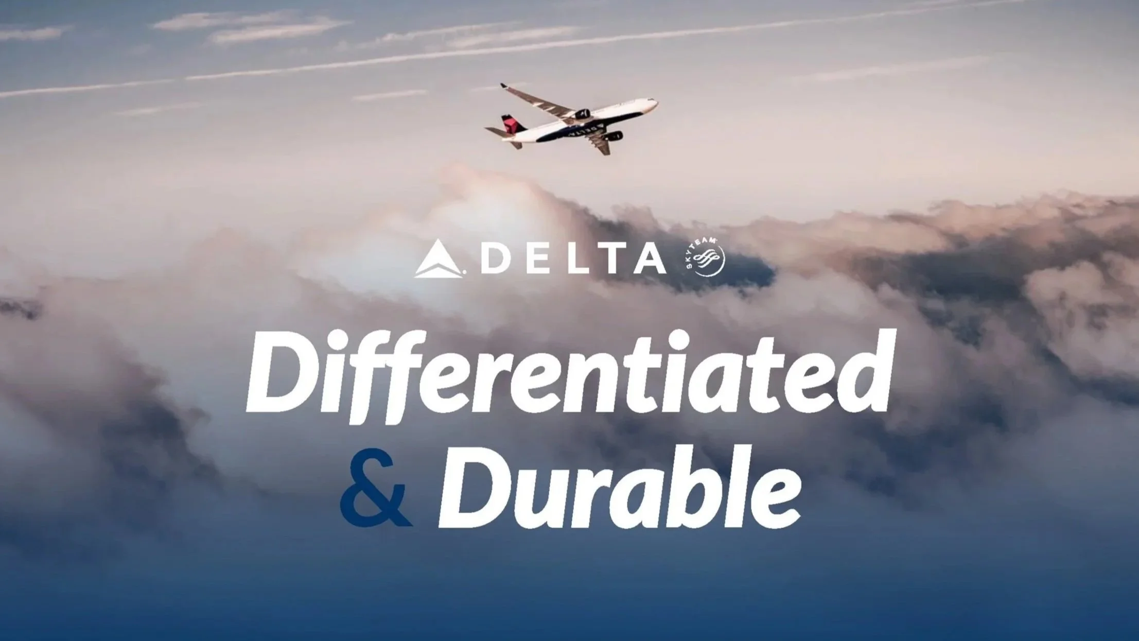 An airplane flying above clouds with the Delta logo and the words 'Differentiated, Sustainable & Durable' overlaid on the image.