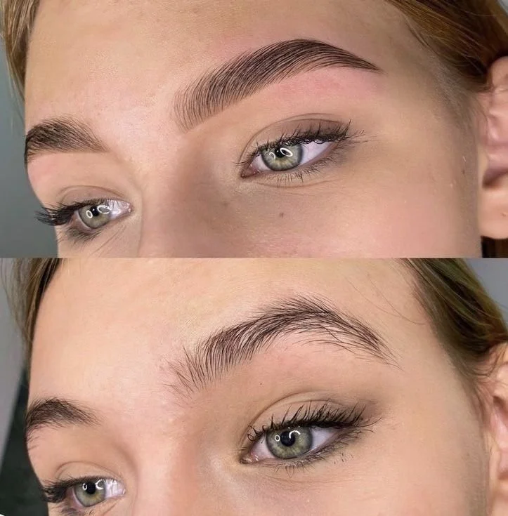 Close-up of a woman's eye area before and after eyebrow grooming, showing a transformation from natural, unruly eyebrows to well-shaped, waxed and groomed eyebrows.