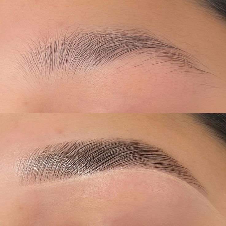 Close-up of a person's eyebrows, showing a before and after transformation with the lower image having a fuller, well-defined brow filled in.