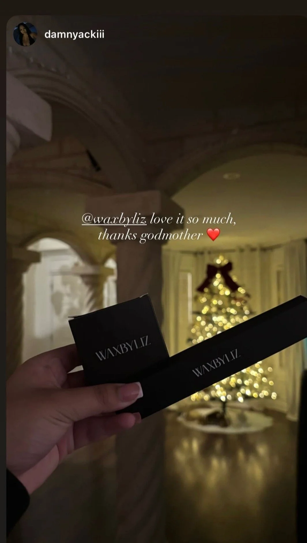 A hand holding a black box and a strip with the brand name WAXBYLZ, with a decorated Christmas tree in the background, inside a house with arched architectural features.