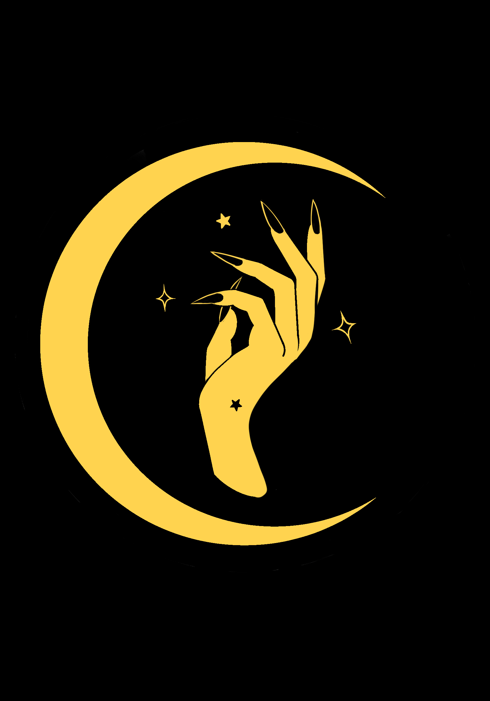A stylized yellow crescent moon with a yellow hand and long painted black nails, surrounded by small stars and sparkles on a black background.
