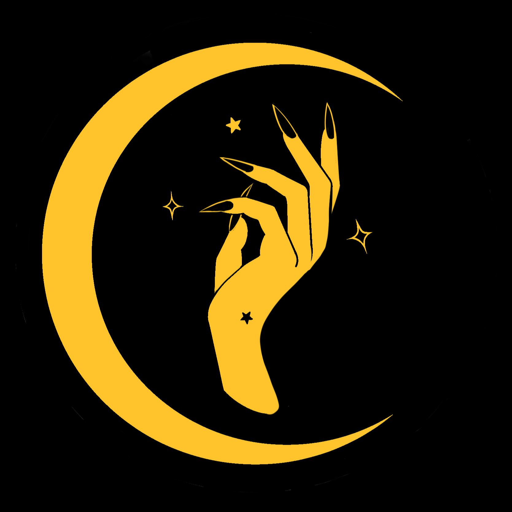 A stylized illustration of a yellow hand with long black nails reaching towards a yellow crescent moon against a black background, surrounded by small stars.