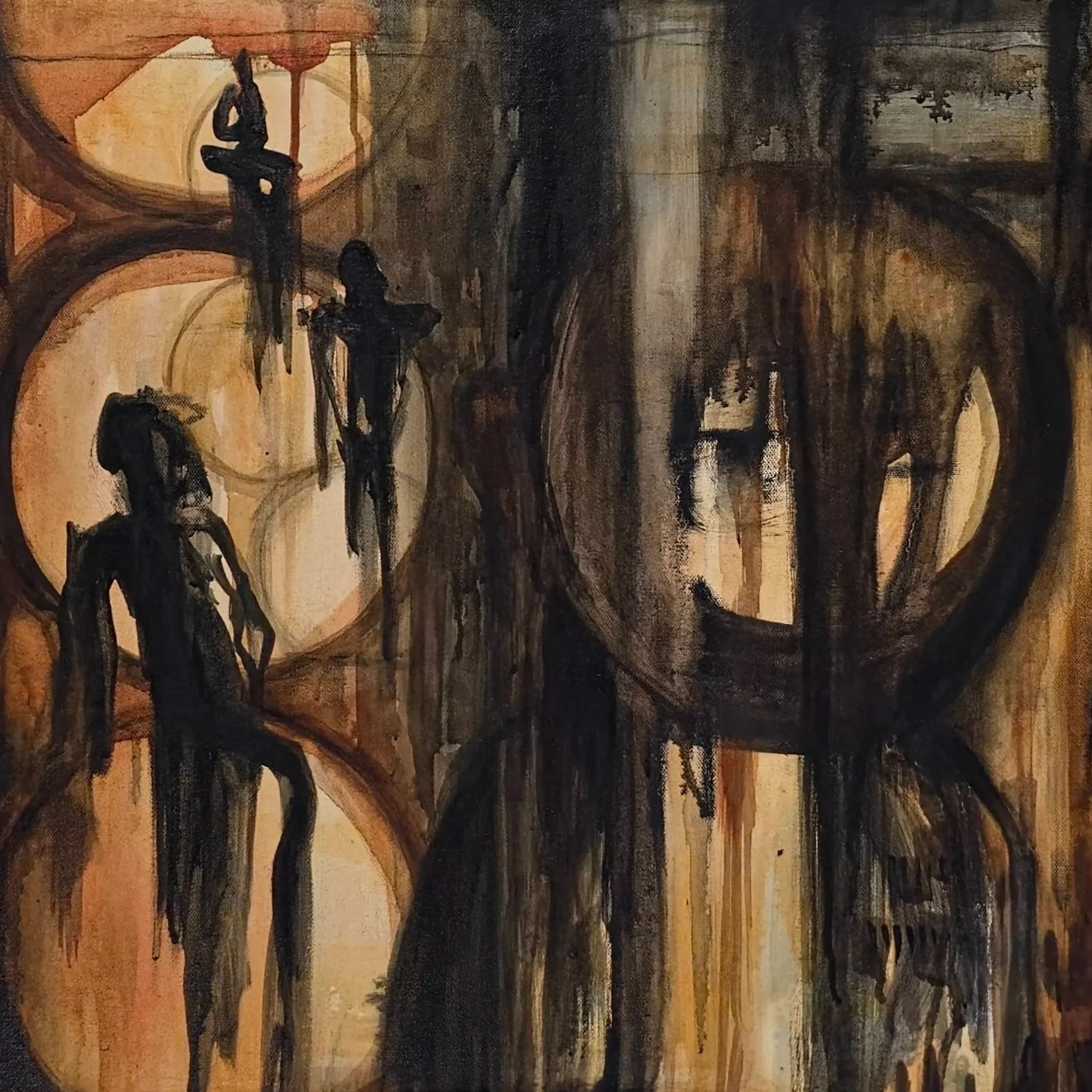 An abstract painting by Caroline Wallace, featuring dark, elongated figures with a mix of circular and linear patterns in shades of brown, black, and beige.