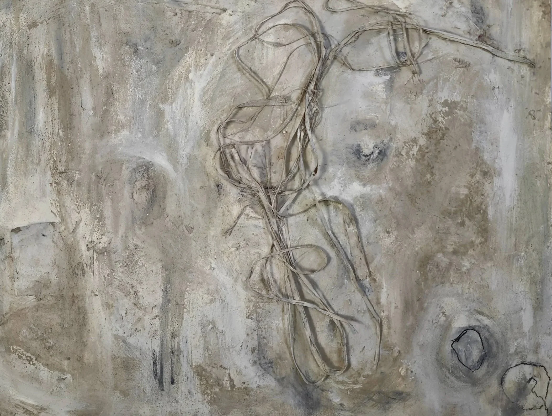 Mixed media work by Caroline Wallace with earthy tones, featuring a central figure formed of thin, intertwined lines.