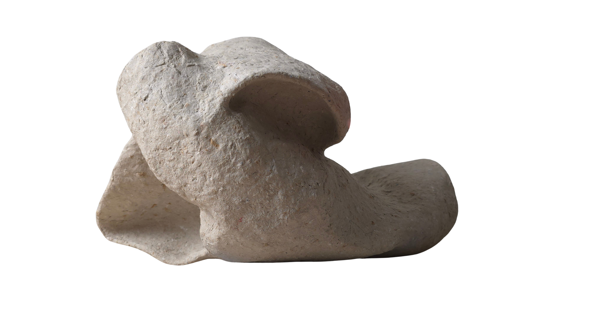 Sculptural work by Caroline Wallace made from paperclay over a hand-formed wire armature, layered with cardboard and tape. Abstract, organic form exploring volume, gesture, and material play.