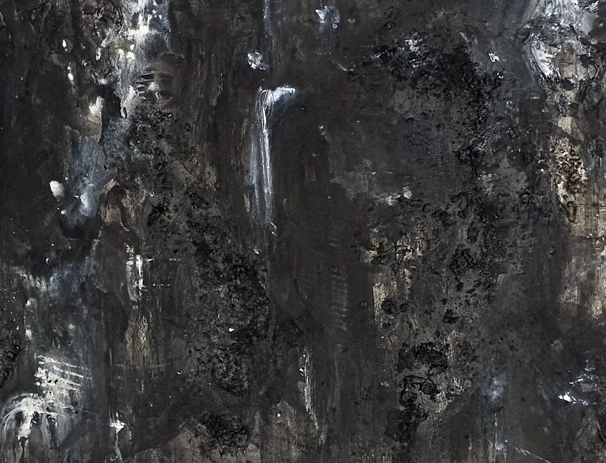 Mixed media work by Caroline Wallace featuring gestural abstraction and emotional density in black, gray, and white tones.