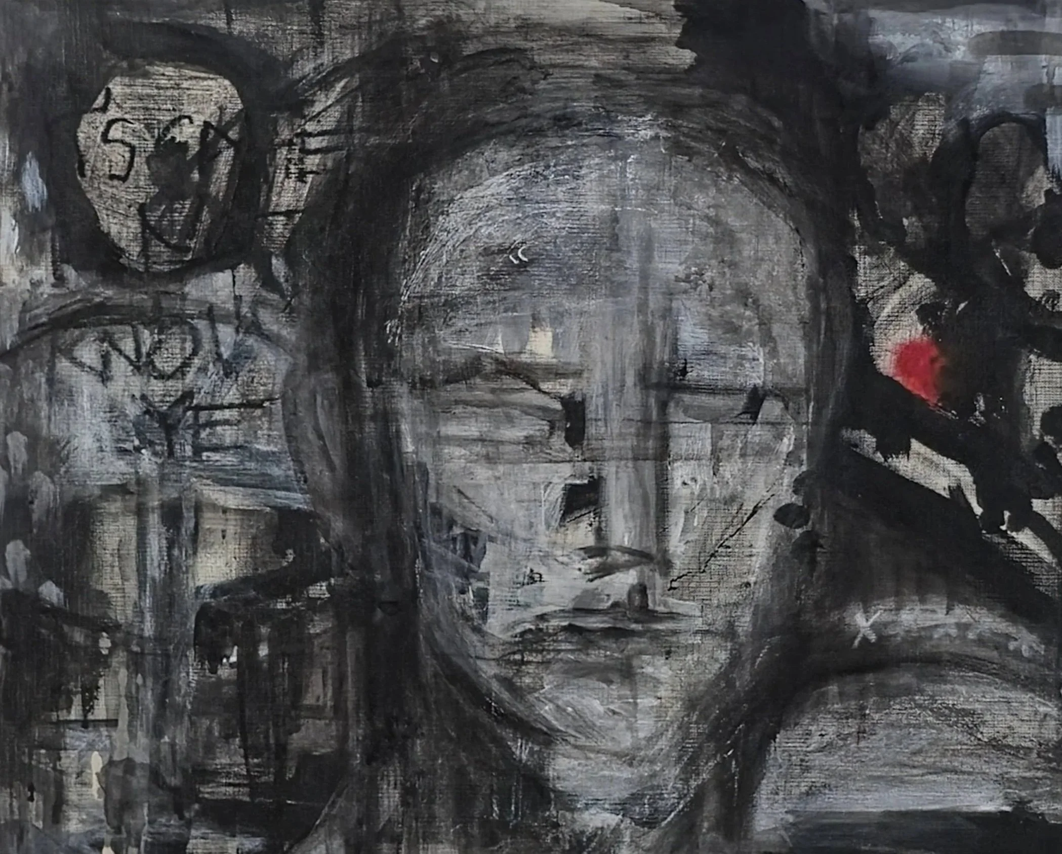 A monochrome abstract portrait of a person with long hair, rendered with rough strokes and dark tones, with faint hints of red and scribbled graffiti elements in the background, by artist and architectural designer, Caroline Wallace.
