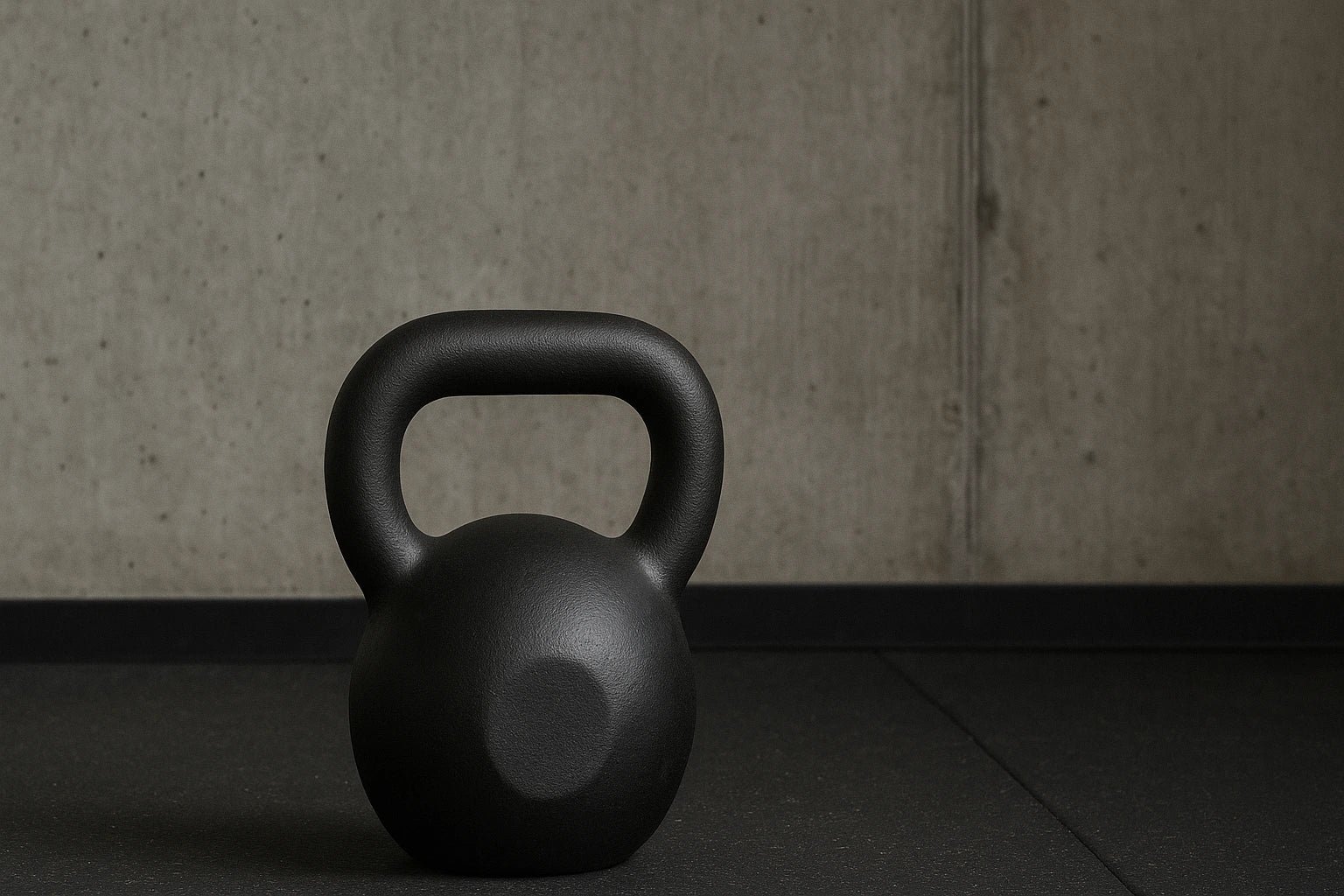A black kettlebell on a gym floor with a concrete wall background.