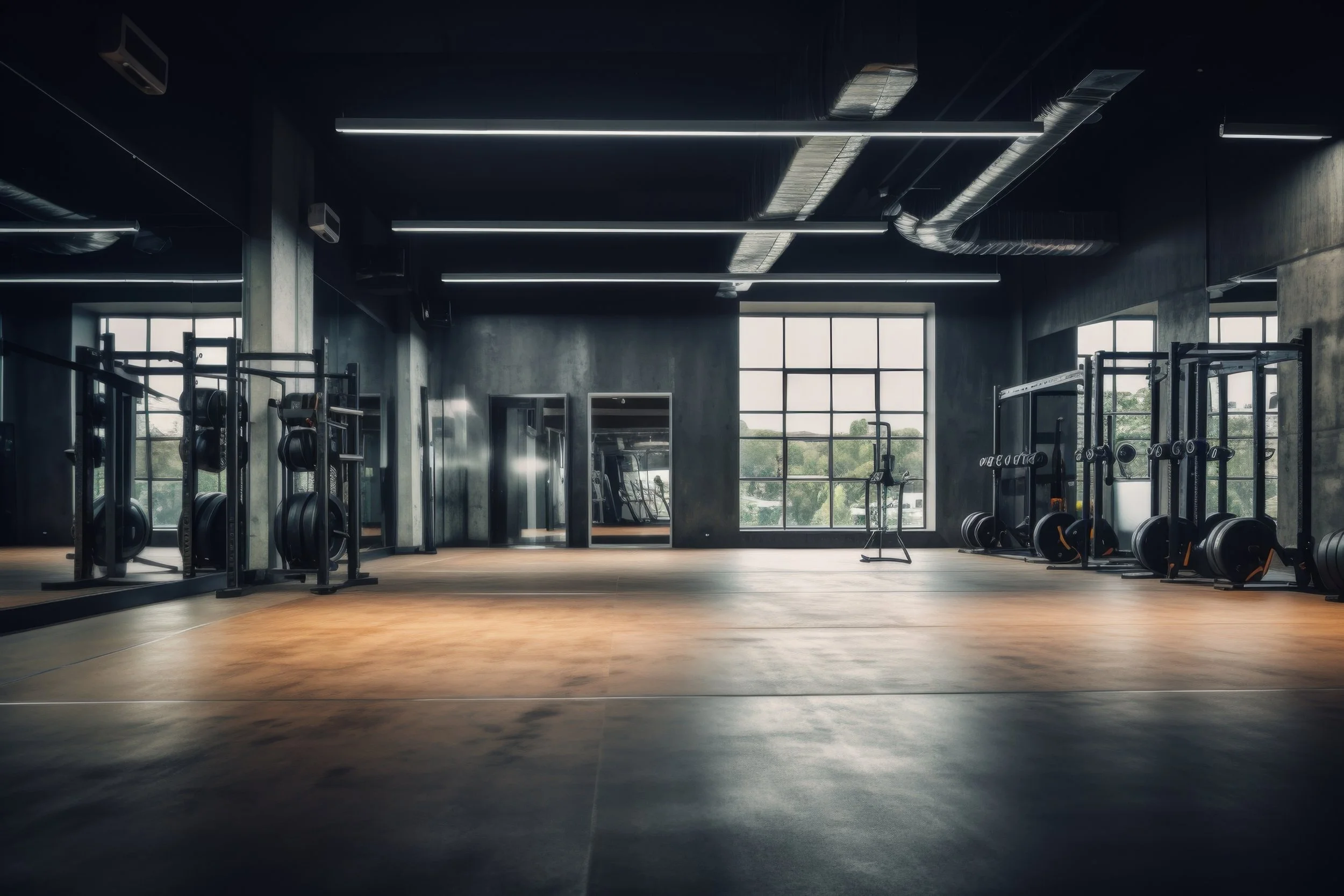 Empty gym with large windows, workout machines, and a wooden floor.