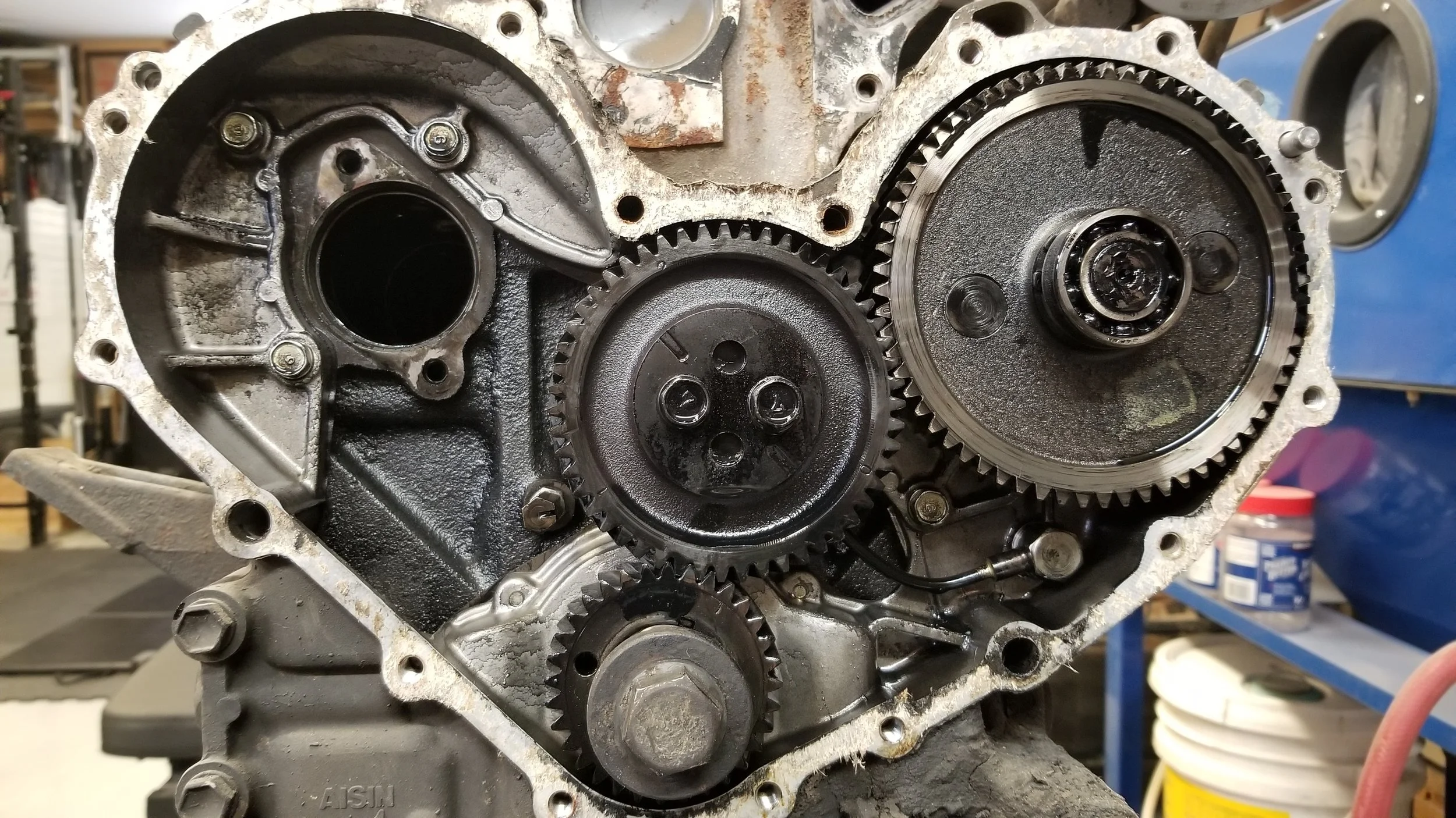 3B timing cover and camshaft removed from engine.