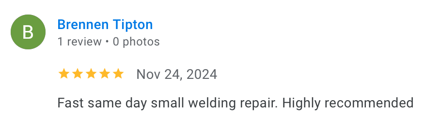5-star Google review for a welding repair.