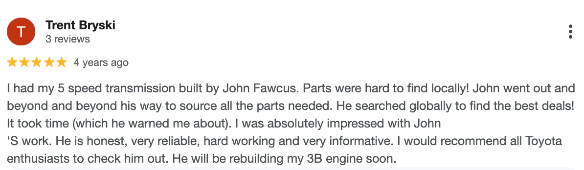 5-star Google review for a transmission rebuild.