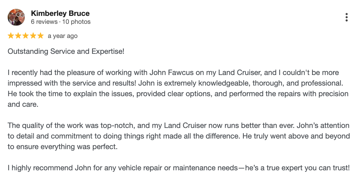 5-star Google review for mechanical work done on a Landcruiser.