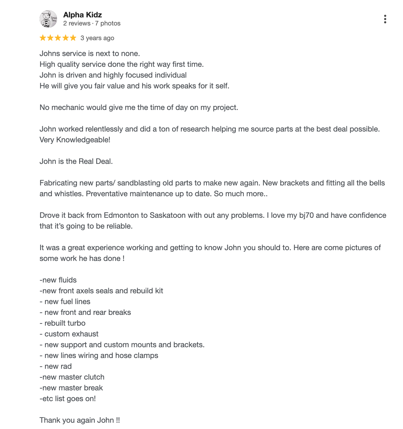5-star Google review for mechanical work done on a BJ70 Toyota Landcruiser.