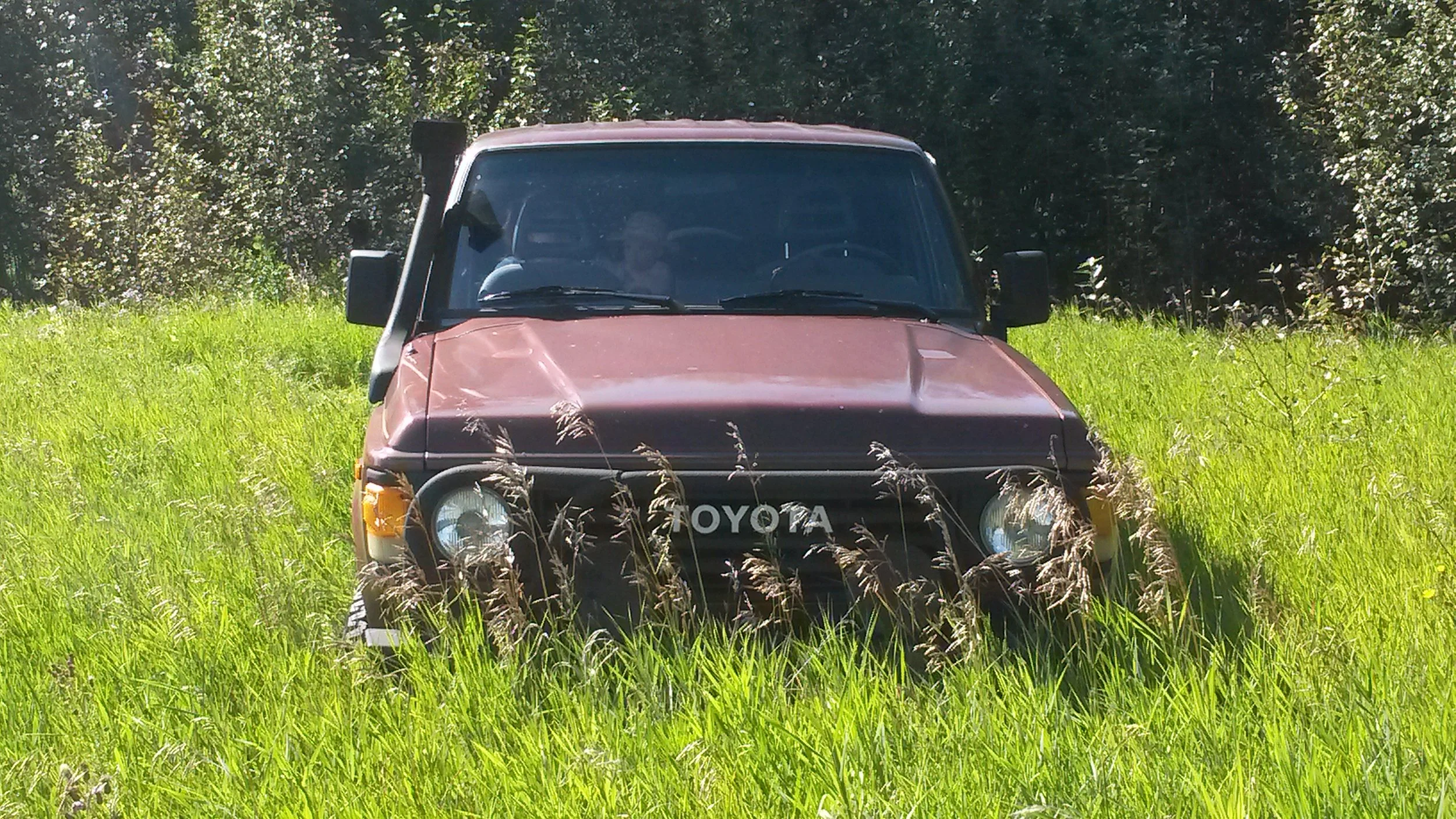 Brown BJ60 Toyota Landcruiser in a tall grass field.