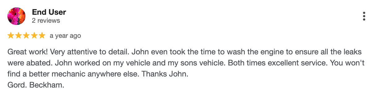 5-star Google review for mechanical work done.