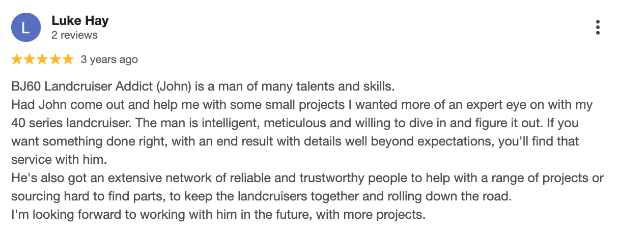 5-star Google review for work on a 40-series Landcruiser.