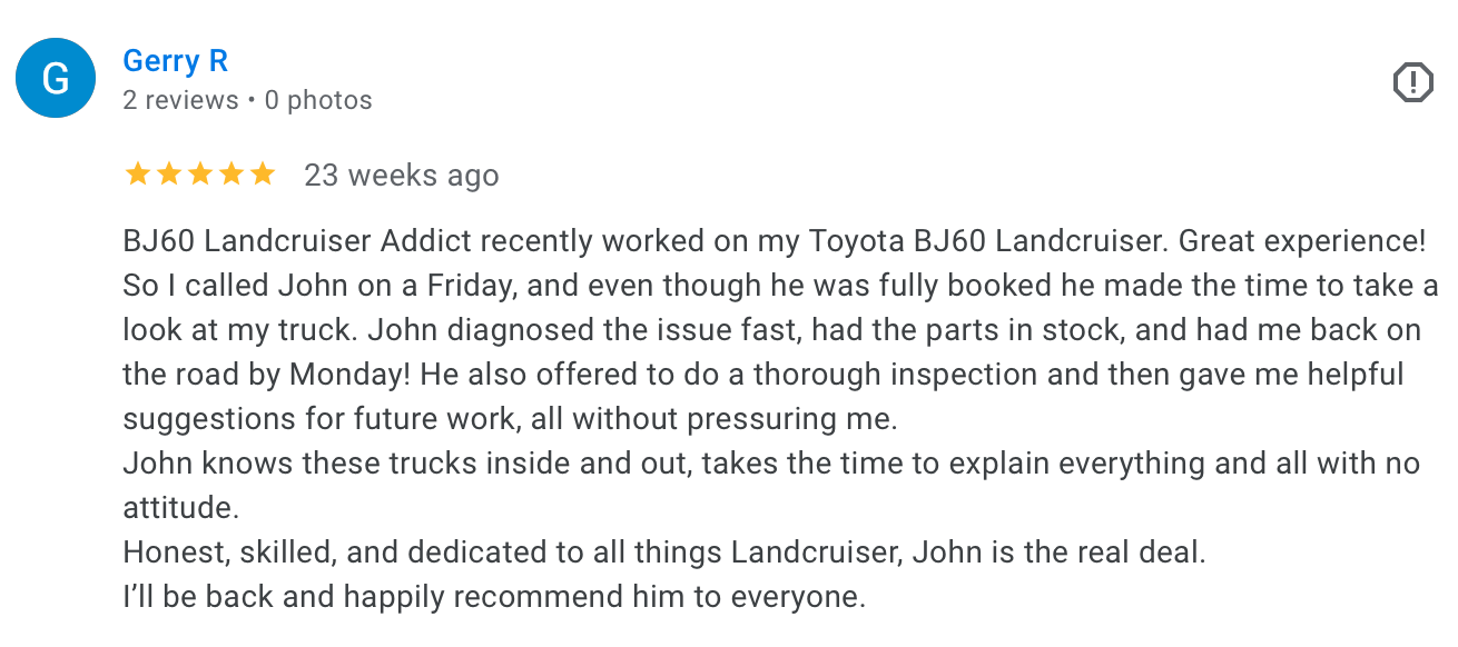 5-star Google review for work done on a BJ60 Landcruiser.