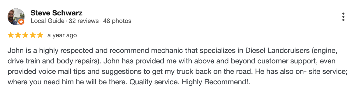 5-star Google review for work done on a Lexus.