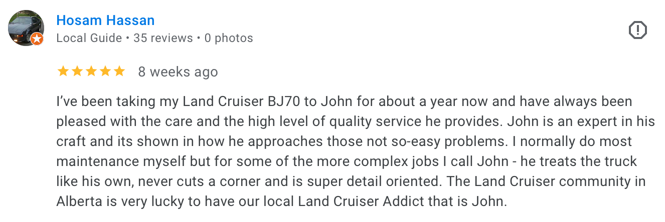 5-star Google review for work done on a BJ70 Landcruiser.