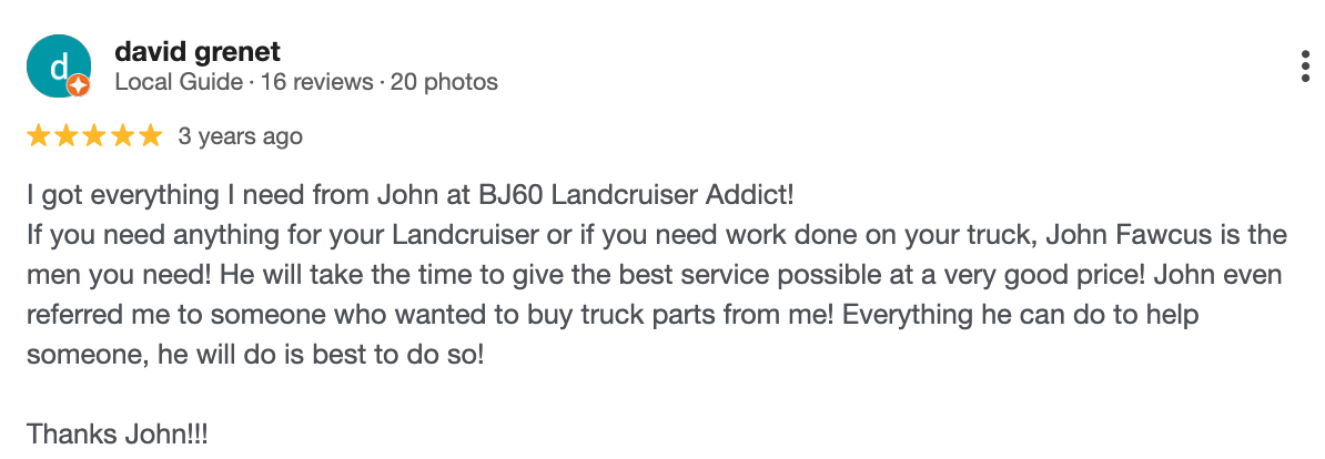 5-star Google review for mechanical work done on is BJ60 Toyota Landcruiser.