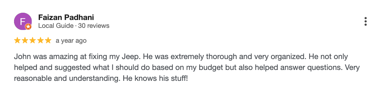 5-star Google review for mechanical work done on a Jeep.